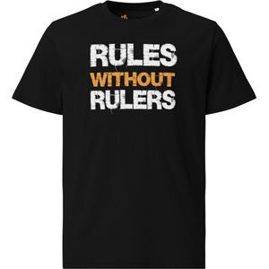 Rules Without Rulers - Unisex - 100% Biologisch Katoen - Kleur Zwart - Maat M | Bitcoin cadeau| Crypto cadeau| Bitcoin T-shirt| Crypto T-shirt| Crypto Shirt| Bitcoin Shirt| Bitcoin Merch| Crypto Merch| Bitcoin Kleding