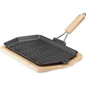 Navaris gietijzeren pan met inklapbaar handvat - Braadpan voor fajitas - Met houten onderzetter - Geschikt voor alle warmtebronnen