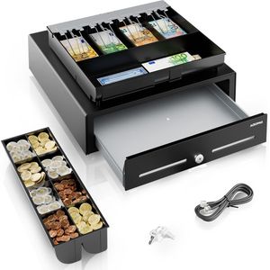 ACROPAQ Kassalade - 42 x 41 x 12 cm - Kassa lade met 8 muntvakken en 4 biljettenvakken, Robuuste metalen geldlade - RJ11 aansluiting