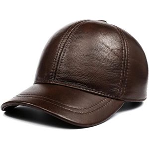 Luxe Baseball Cap met oorflap - Bruine pet - echt leer - gestikt en gevoerd - verstelbare riem - one size