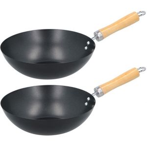 Set van 2x stuks wok pannen houten handvat 24 cm - Wokken