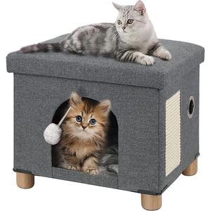 Kattenmand, linnen kattenhuis hol voor katten met krabplank en speelbal, 45 x 37,5 x 38 cm, donkergrijs