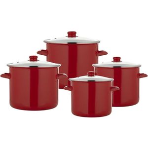 Emalia 8-delige Geëmailleerde Pannenset Rood Inclusief Deksel - 7 Liter, 9 Liter, 11 Liter, 13,5 Liter