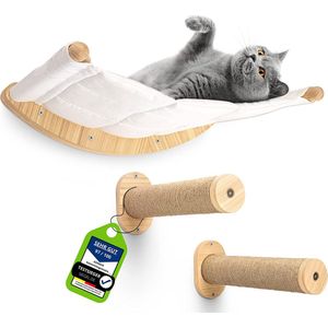Kat Klimmuur | Kattenhangmat [extra stabiel en groot] met kattentrap voor aan de muur | Krabpaal 2.0 | Kattenladder met slaapplaats | Kattenbed om in te klimmen van natuurlijk hout | 3 stukken
