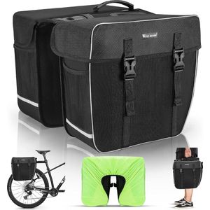 Dubbele fietsbagagedrager tas, 30 L, Grote waterdichte fietstassen met riem en regenhoes, Scheurbestendige bagage tas voor forenzen, zwart.