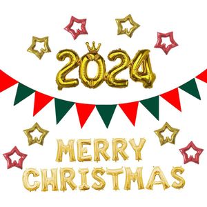 Loha-party®Festivz Merry Christmas Letter Ballonnen Set-2024 -kerst slinger-Kerst Ballonnen-Folie Ballonen Slinger-Kersrversiering-Vlaggenlijn- Rood-Goud-Feestversiering-Kerst Decoratie-Sterren-9stuks-40cm