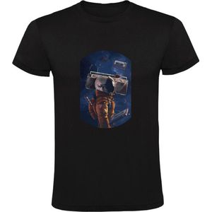 Astronaut luistert muziek Heren T-shirt | dj | play | music | muziek luisteren | radio | bandje | geluid | Zwart