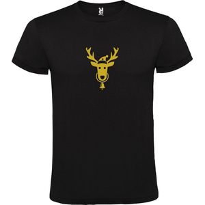 Zwart T-Shirt met “ Kerst Eland / Rendier “ Afbeelding Goud Size XS
