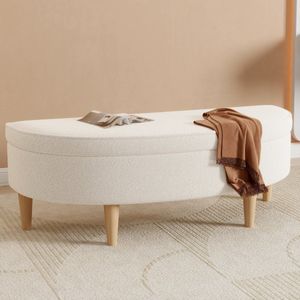 Sweiko Gestofferde bedbank, banken, bedkrukken, halfrond kruk oppervlak, gevormd, banken voor de slaapkamer, pianobanken, eetkamerbanken met opbergruimte, houten poot, non-woven imitatie, dennenhout, wit