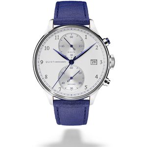 QUIST - Chronograph herenhorloge - zilver - witte wijzerplaat - blauwe cordura horlogeband - 41mm