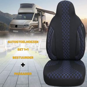 Stoelhoezen voor Ford Tourneo Transit Custom bestelbus in pasvorm, set van 2 stuks - bestuurder 1 + 1 passagierszijde - WPL - serie - WPL706 - Zwart/blauwe naad