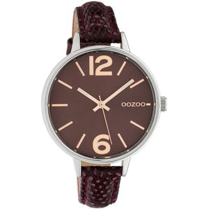 OOZOO Timepieces - Zilverkleurige horloge met bordeaux rode leren band - C10457