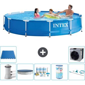 Intex Rond Frame Zwembad - 366 x 76 cm - Blauw - Inclusief Pomp Afdekzeil - Onderhoudspakket - Filter - Schoonmaakset - Vloertegels - Warmtepomp