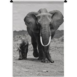 Wandkleed Baby Dieren - Olifanten moeder en kind in zwart-wit Wandkleed katoen 60x90 cm - Wandtapijt met foto