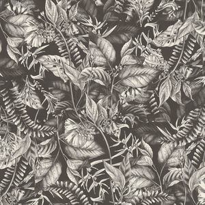 Bloemen behang Profhome 394252-GU vliesbehang hardvinyl warmdruk in reliëf licht gestructureerd in jungle stijl mat zwart wit 5,33 m2