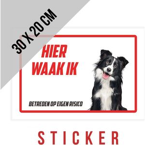 Sticker/ waakbord | Bordercollie | ""Hier waak ik"" | 30 x 20 cm | Border Collie | Waakhond | Hond | Chien | Dog | Betreden op eigen risico | Mijn huisdier | Permanente lijm | Rechthoek | Witte achtergrond | 1 stuk