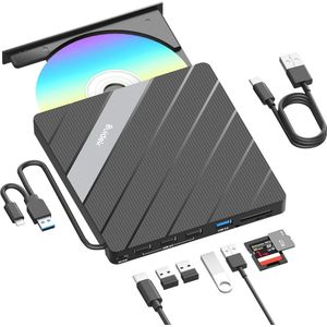 Draagbare Externe CD DVD Drive met 8-in-1 Hub en Kaartlezer voor Laptop en PC