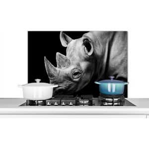 Spatscherm keuken 80x55 cm - Kookplaat achterwand Dieren - Neushoorn - Zwart - Wit - Portret - Muurbeschermer - Spatwand fornuis - Hoogwaardig aluminium
