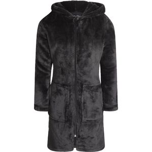 Charlie Choe badjas kind - kinderbadjas met rits & capuchon - zwart/donkergrijs - fleece - 116/128