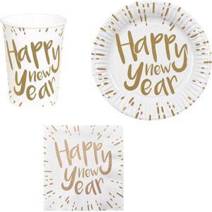 Happy New Year - Papieren bekers, borden en servetten - oud en nieuw - Goud / Wit - Karton - set van 6 bekers, 6 borden en 12 servetten