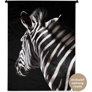 Wandkleed Dieren op een zwarte achtergrond - Hoofd van zebra op zwarte achtergrond Wandkleed katoen 90x120 cm - Wandtapijt met foto