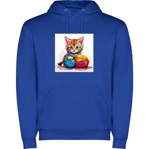 Kobalt Blauwe unisex hoodie met “ Kleurrijke Kitten met bol wol“ Print Full merk Roly maat M