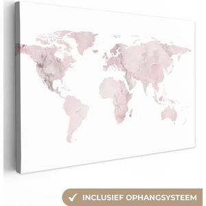 Canvas Wereldkaart - 30x20 - Wanddecoratie Wereldkaart - Marmer - Roze