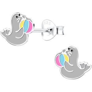 Joy|S - Zilveren zeehond oorbellen - 6 x 7 mm - grijs - met bal