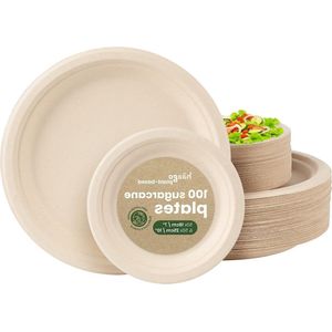 100 Wegwerp Bagasse Borden - Biologisch Afbreekbaar en Milieuvriendelijk - Groot 26cm en Klein 18cm - Stevig en Lekvrij - Composteerbaar bamboo bord