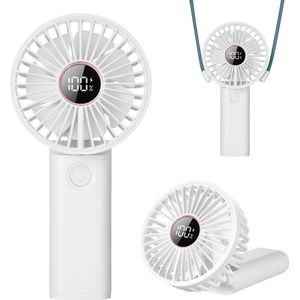Handventilator - Kleine USB-ventilator - Draagbare mini-ventilator - Oplaadbare batterij - 3600 mAh - Digitaal beeld - 6 Standen - Lanyard Ventilator - Nek Ventilator usb oplaadbaar - Opvouwbaar met Display - Wit