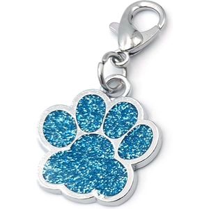 Sleutelhanger of halsband accessoire 25x25 mm met hondenpootje licht blauw glitter met karabijnslotje