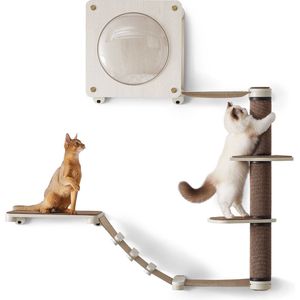 Rootz 5-delige kattenmeubelset - krabpaal - kattenappartement - spaanplaat - vilt - katoenlinnen stof - dennenhout - PET-kunststof - 140,5 cm x 142,9 cm x 73,5 cm