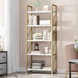 Boekenkast met 5 niveaus, industrieel staand rek, opbergplanken voor woonkamer, boeken, slaapkamer, kantoor, keuken, tijdschriften, goud