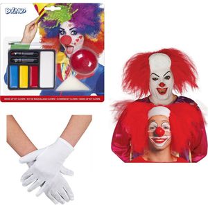 Horror clown verkleed set volwassenen - pruik rood/schmink/neus/handschoenen