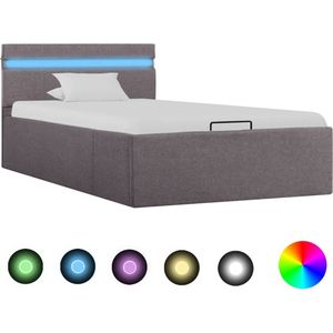 The Living Store Bedframe Hydraulisch - Eenpersoons - Taupe - 100x200 cm - Opbergvak - LED-strip