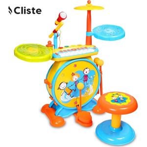 Cliste Elektronische Drumkit voor kinderen - Realistisch drumgeluid - Educatief Babyspeelgoed - Inclusief stoel - Blauw/Geel