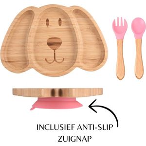 Lucellia® Bamboe babyservies set – Roze Puppy 3 delig - Kinderservies set - Kinderbord – Met zuignap – Kinderbestek - Eetset baby - Babybestek - Siliconen - Kraamcadeau meisje – Babyshower cadeau – BPA & Melamine vrij – FSC gecertificeerd