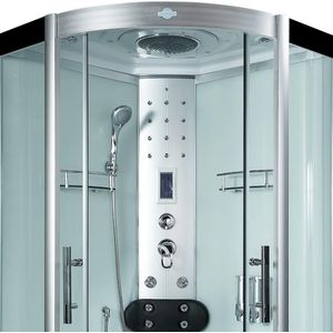 Stoomcabine 90X90X215 Enla. Luxe Stoomdouche, THERMOSTAATKRAAN Uitvoering, Kit-Vrij, Wit, Veiligheidsglas, LED, Radio, Speakers, Zitje, Massage, Hoekmodel, Kwartrond, Schuifdeuren, Douchebak, Afvoer, Sifon, A Kwaliteit, Full Options. Royal Sanitair