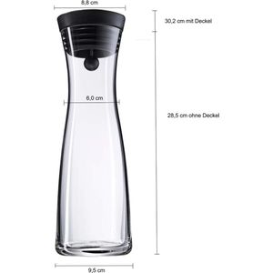 Basic waterkaraf van glas, 1 liter, glazen karaf met deksel, siliconen deksel, CloseUp-sluiting