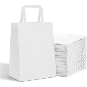 25 x Witte Draagtassen/ papieren tassen In Kraftpapier Met Platte Oren 18x8x22cm Kraft Papieren Tasjes Met Handvat/ Cadeautasjes wit met vlak handgrepen / Zakjes/