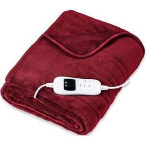 Warmtedeken van Pluche 180x130cm Bordeaux- Elektrische deken met automatische uitschakeling - 9 temperatuurstanden met digitaal display - wasbaar tot 40gr