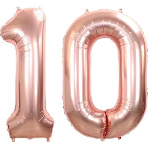 Folie Ballon Cijfer 10 Jaar Rose goud Verjaardag Versiering Helium Cijfer Ballonnen Feest versiering Met Rietje - 86Cm