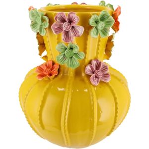 Supervintage gele aardewerk vaas met aardewerk bloemen 26 x cm Large