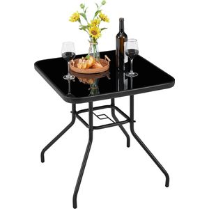 Tuintafel, bijzettafel van glas en metaal, bistrotafel met paraplugat, koffietafel, onderhoudsvriendelijke terrastafel, weerbestendig, 70 cm x 70 cm, zwart