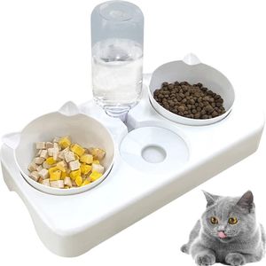 Dubbele kattenbak, 3-in-1 automatische Futernapt waterdispenser voor katten, kantelbare kattenpoot, afneembaar voor kleine en middelgrote honden en katten (wit)