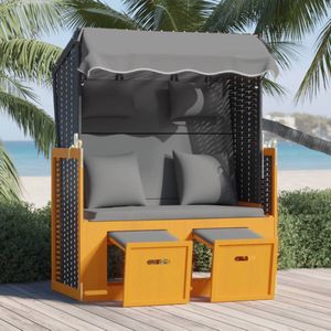 The Living Store Strandstoel Lounger - Poly Rattan - Uitschuifbaar - Verstelbare Rugleuning - Met Luifel - Zwart/Antraciet/Wit - 115x55x133/151/156cm