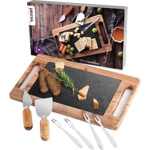 Houten kaasplank met leisteen - Acacia - 8-delige cadeauset - 2 kaasmessen - 4 vorken - gepersonaliseerd - voor verjaardag - housewarming - bruiloft