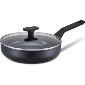 Brabantia Onyx R ns Hapjespan Ø 26cm inclusief glazen deksel– 100% PFAS vrij – Inductie geschikt- 100% gerecycled lichtgewicht Aluminium- Hittewerende Ergonomische Greep- Keramische Coating – Dubbele Anti Aanbaklaag – Zwart