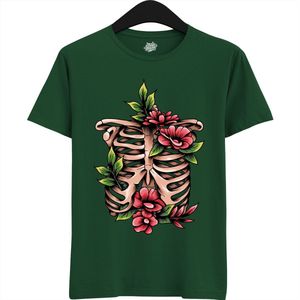 Blooming Bones Ribcage - Halloween Ribbenkast Dames / Heren Unisex T-shirt - Grappig Kostuum Shirt Idee Volwassenen - T-Shirt - Unisex - Bottle Groen - Maat 3XL