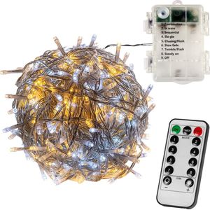 VOLTRONIC LED Verlichting - 100 LEDs - Met Afstandsbediening - Op Batterij - Kerstverlichting - Tuinverlichting - Binnen en Buiten - 10 m - Transparante Kabel - Koud en Warm Wit